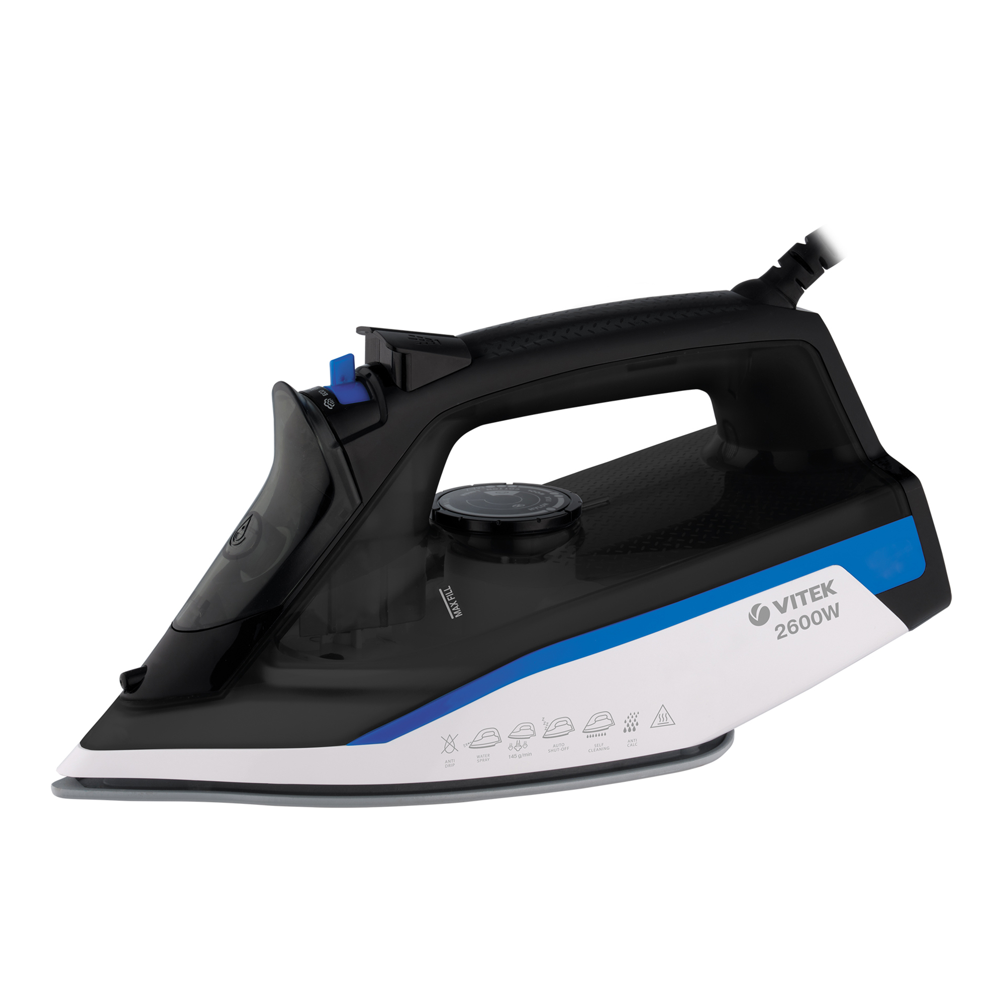 

Утюг Vitek VT-8329 2.6 кВт, длина шнура 1.8 м, черный/белый (VT-8329), VT-8329
