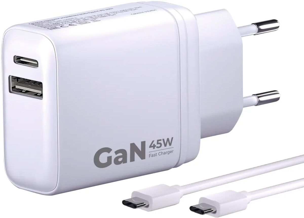 

Сетевое зарядное устройство BORASCO 45 Вт, USB, EU, USB type-C, Quick Charge, PD, белый (52389), кабель type-C/type-C