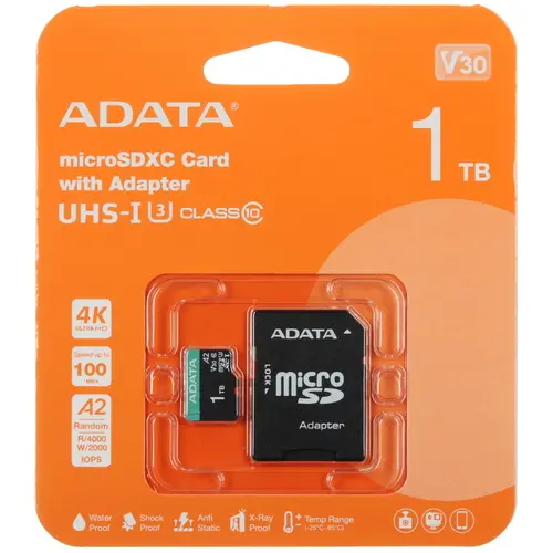 

Карта памяти 1Tb microSDXC ADATA Class 10 UHS-I U3 V30 A2 + адаптер (AUSDX1TUI3V30SA2-RA1)