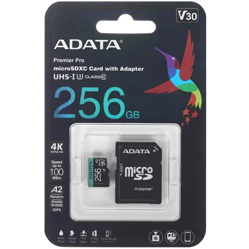 

Карта памяти 256Gb microSDXC ADATA Class 10 UHS-I U3 V30 A2 + адаптер (UD256GUI3V30A2SP-RA1)