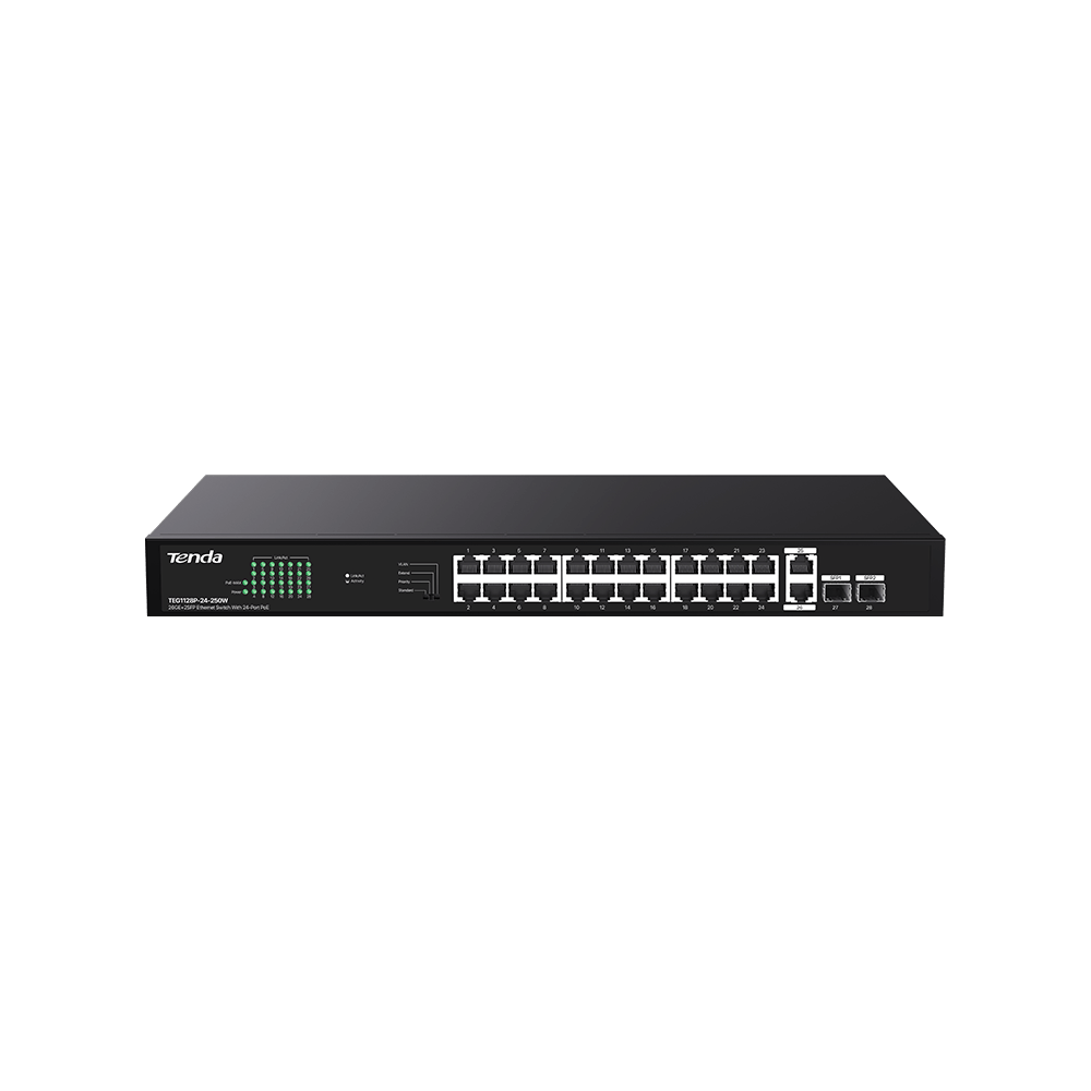 

Коммутатор Tenda TEG1128P-24-250W, кол-во портов: 24x1000 SFP 2x1 Гбит/с, кол-во SFP/uplink: RJ-45 2x1 Гбит/с, установка в стойку, PoE: 24x30 Вт (макс. 230 Вт) (TEG1128P-24-250W), TEG1128P-24-250W
