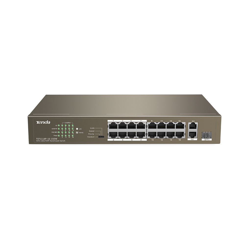 

Коммутатор Tenda TEF1118P-16-150W, кол-во портов: 16x100, кол-во SFP/uplink: combo RJ-45/SFP 2x1 Гбит/с, установка в стойку, PoE: 16x30 Вт (макс. 130 Вт) (TEF1118P-16-150W), TEF1118P-16-150W