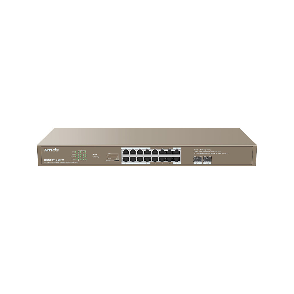 

Коммутатор Tenda TEG1118P-16-250W, кол-во портов: 16x1000 SFP 2x1 Гбит/с, установка в стойку, PoE: 16x30 Вт (макс. 230 Вт) (TEG1118P-16-250W), TEG1118P-16-250W
