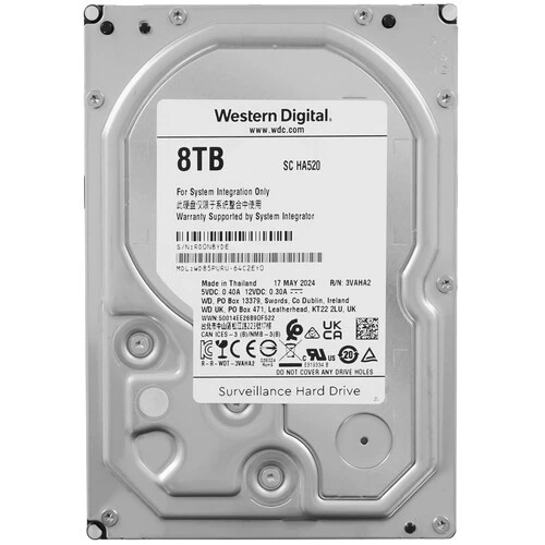 

Жесткий диск (HDD) Western Digital 8Tb Surveillance, 3.5", 5640 об/мин, 256Mb, SATA3 (WD85PURU)