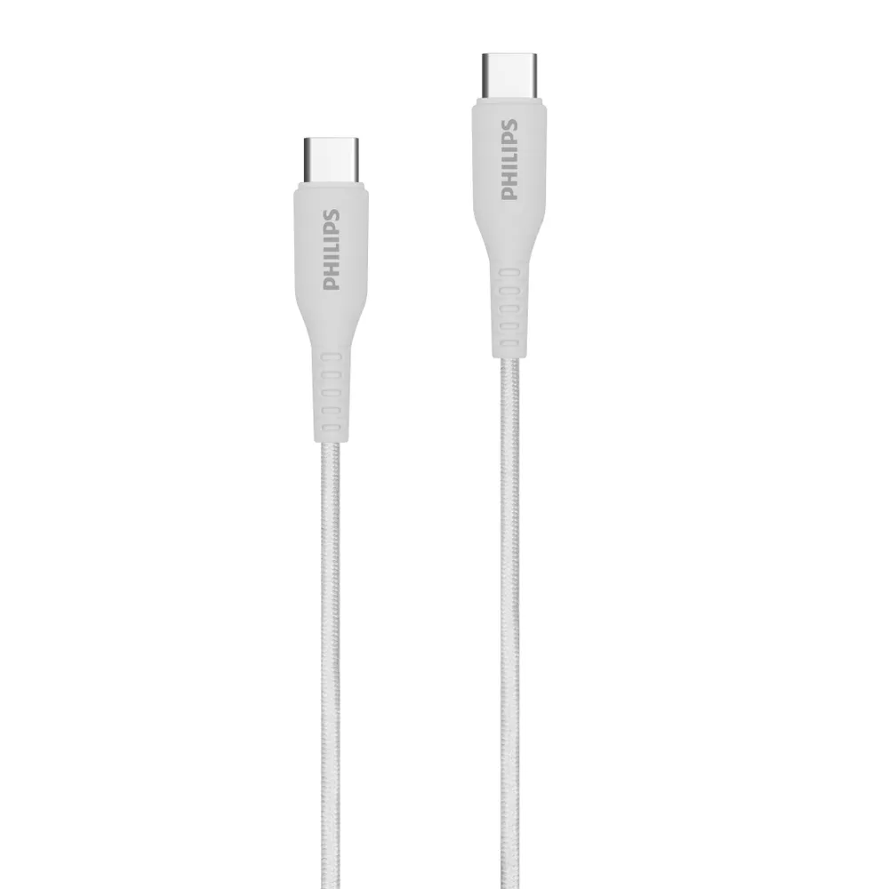 

Кабель USB Type-C-USB Type-C, экранированный, быстрая зарядка, 3А, 60 Вт, 1.2 м, белый, Philips DLC8701, DLC8701