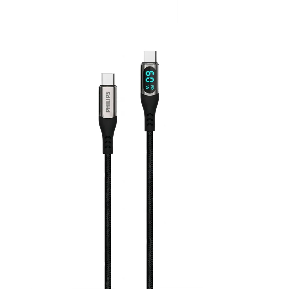 

Кабель USB Type-C-USB Type-C, экранированный, быстрая зарядка, 3А, 60 Вт, 1.2 м, черный, Philips DLC9060, DLC9060