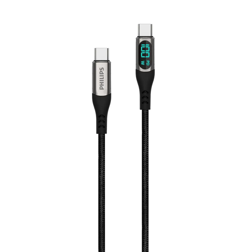 

Кабель USB Type-C-USB Type-C, экранированный, быстрая зарядка, 3А, 100 Вт, 1.2 м, черный, Philips DLC9100, DLC9100