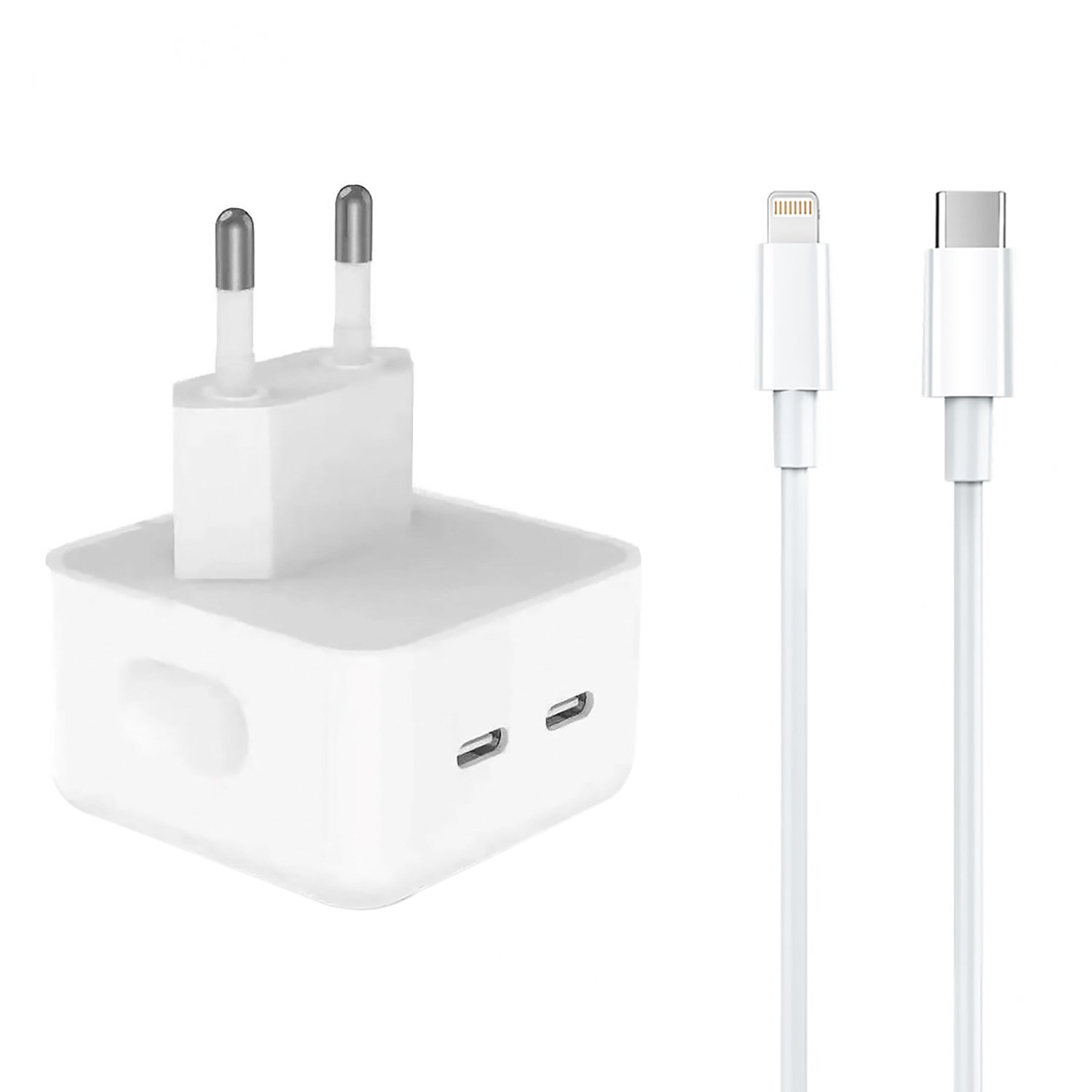 

Сетевое зарядное устройство ORG 35 Вт, EU, 2xUSB type-C, PD, белый (221601), кабель Lightning/Type-C