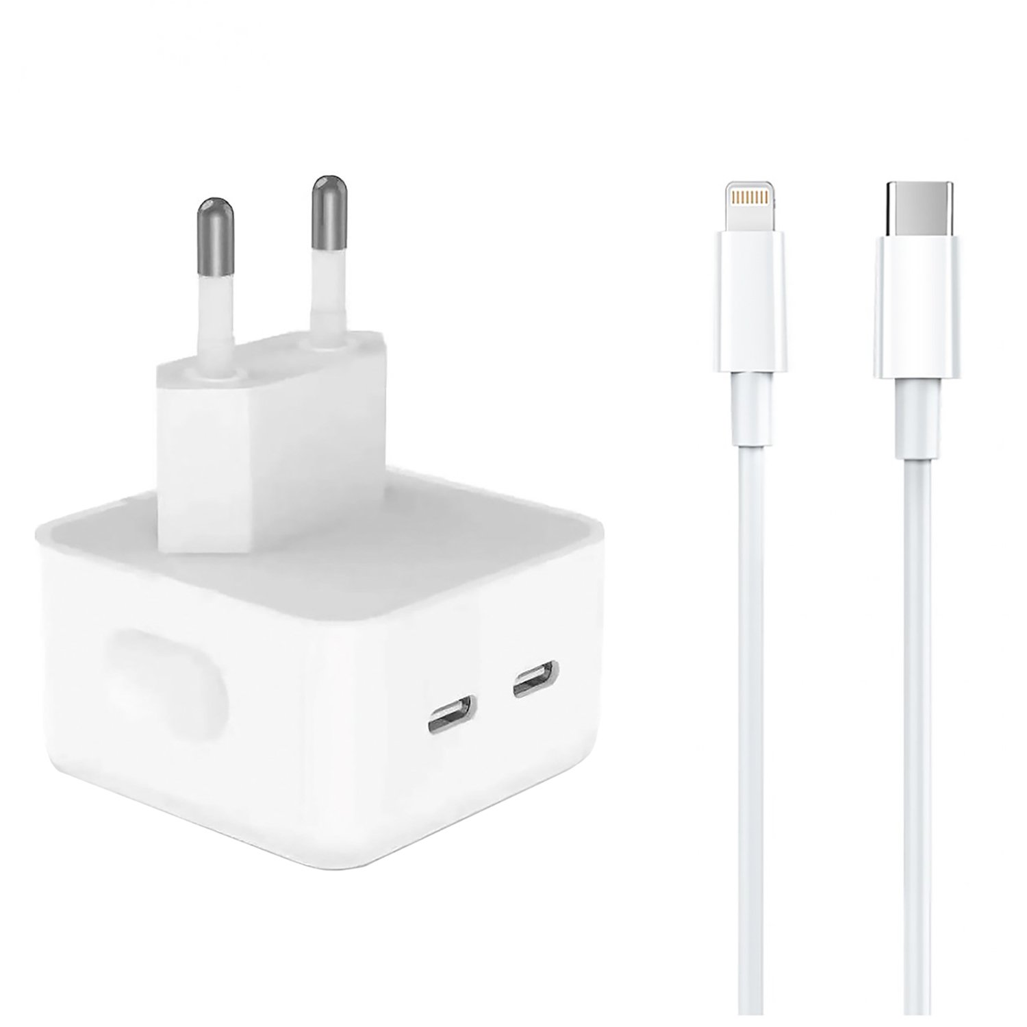 

Сетевое зарядное устройство ORG 35 Вт, EU, 2xUSB type-C, PD, белый (221607), кабель Lightning/Type-C
