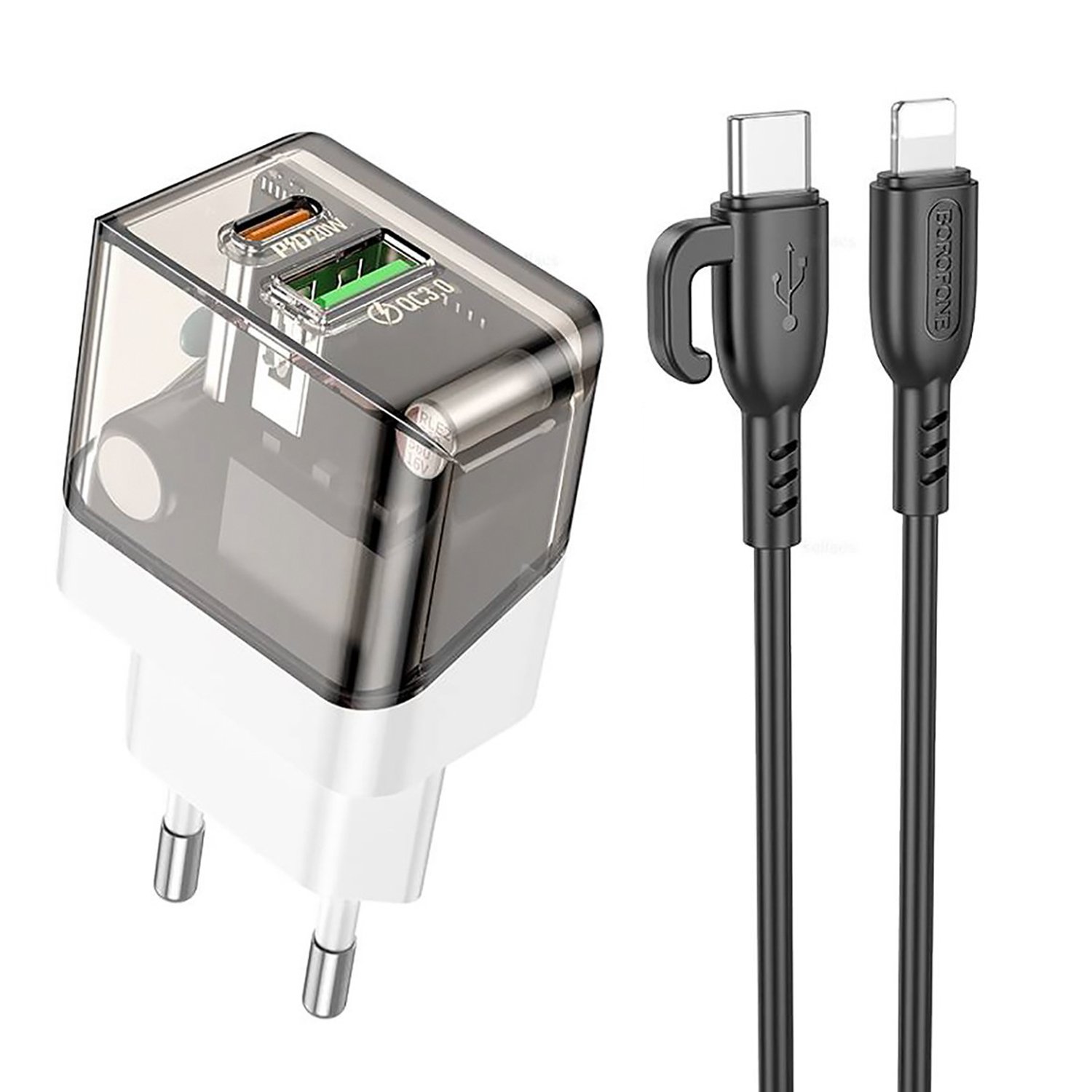 

Сетевое зарядное устройство Borofone Scenery BA80A 20 Вт, USB, EU, USB type-C, Quick Charge, PD, черный/белый (6941991105166), кабель USB Type-C - Lighting 8-pin, BA80A