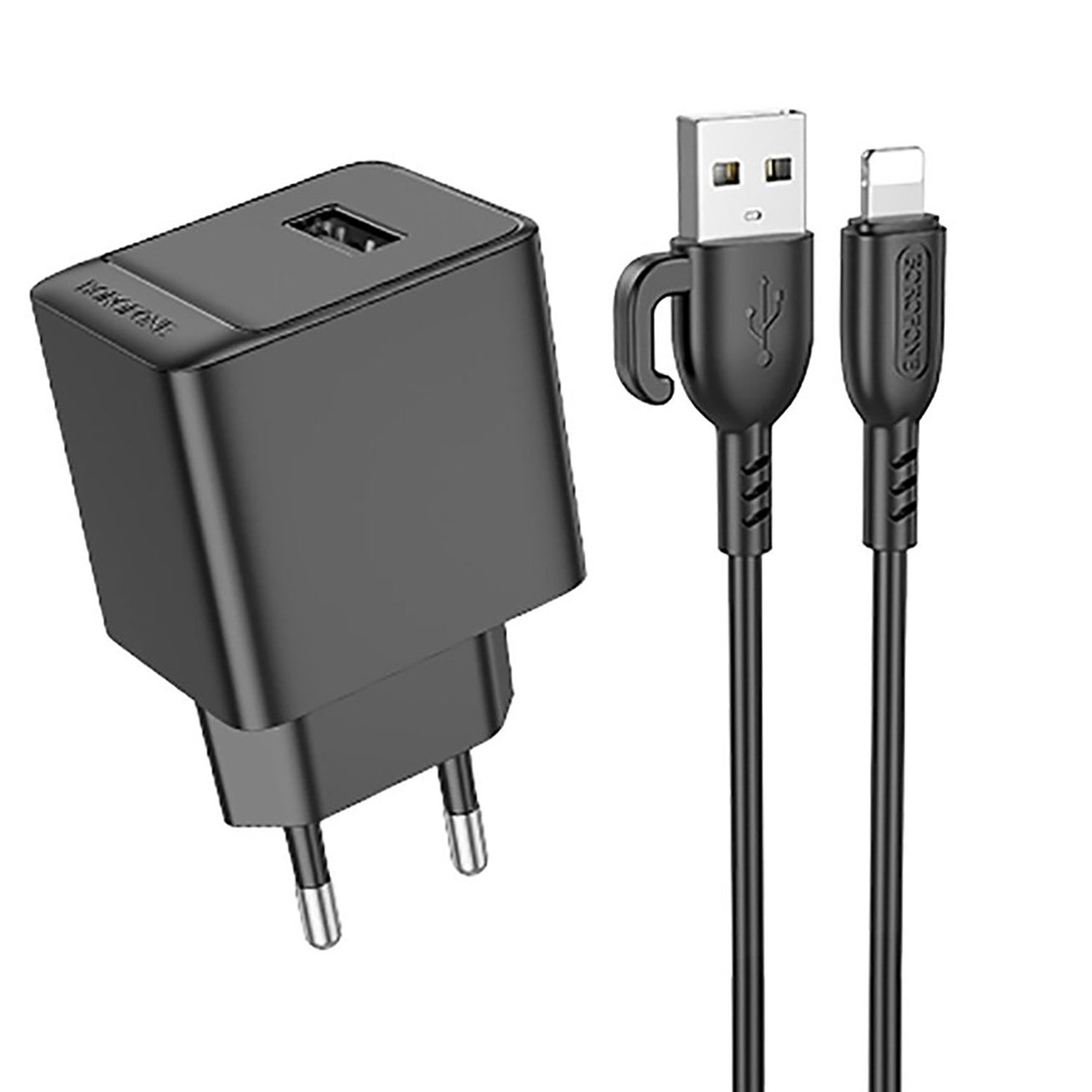 

Сетевое зарядное устройство Borofone Erudite BAS11A 10.5 Вт, USB, EU, черный (6941991104619), кабель USB Type A/Lightning, BAS11A