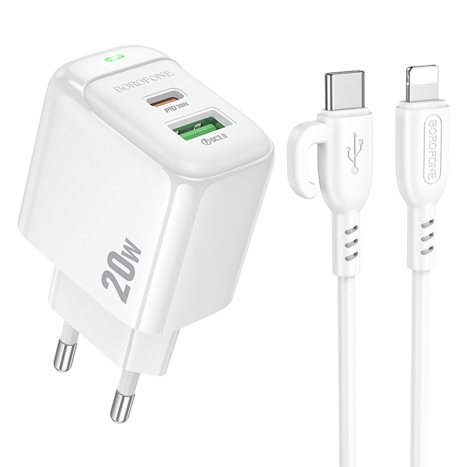 

Сетевое зарядное устройство Borofone Potential BAS44A 20 Вт, USB, EU, USB type-C, Quick Charge, PD, белый (6941991113857), кабель Lightning/Type-C, BAS44A