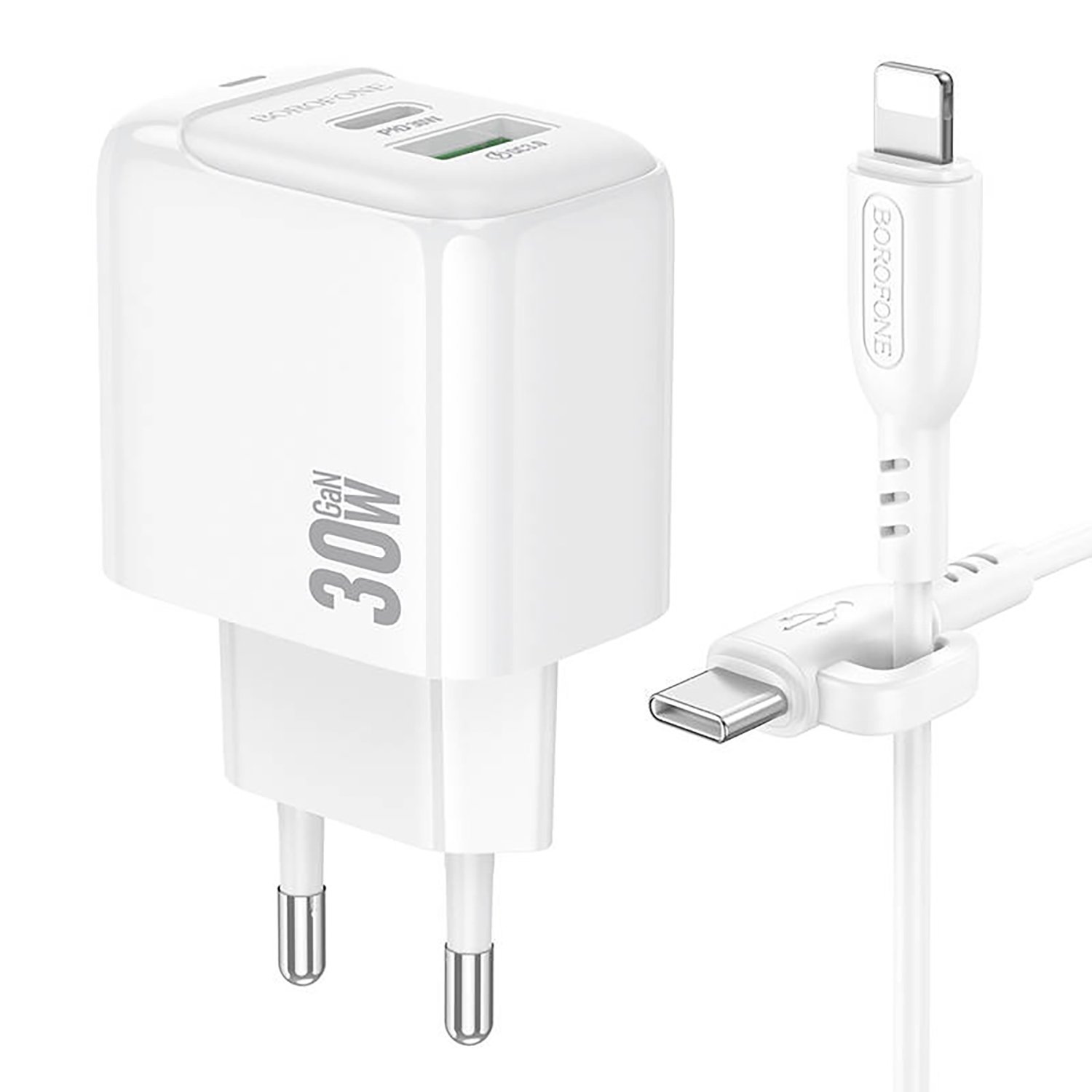 

Сетевое зарядное устройство Borofone Potential BAS45A 30 Вт, USB, EU, USB type-C, Quick Charge, PD, белый (6941991113888), кабель Lightning/Type-C, BAS45A