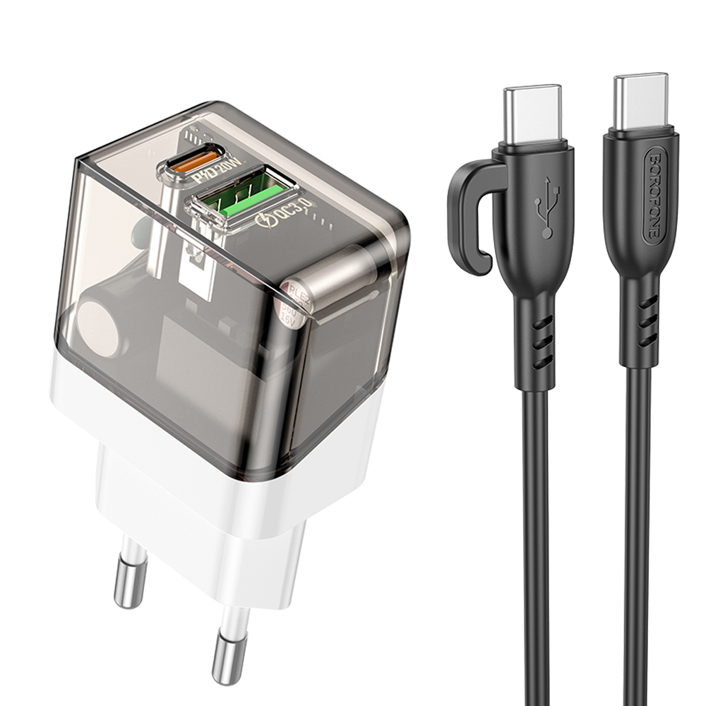 

Сетевое зарядное устройство Borofone Scenery BA80A 20 Вт, USB, EU, USB type-C, Quick Charge, PD, черный/белый (6941991105173), кабель type-C/type-C, BA80A