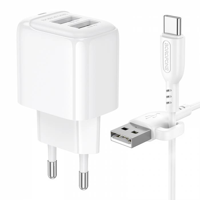 

Сетевое зарядное устройство Borofone Potential BAS41A 12 Вт, 2xUSB, EU, белый (6941991113772), кабель USB Type A/USB Type C, BAS41A