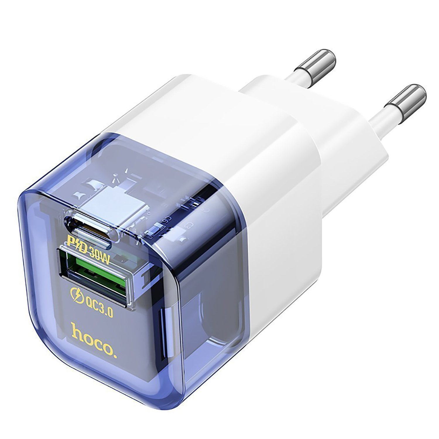 

Сетевое зарядное устройство Hoco Transparent C131a 30 Вт, USB, EU, USB type-C, Quick Charge, PD, белый/синий (6942007609838), C131a
