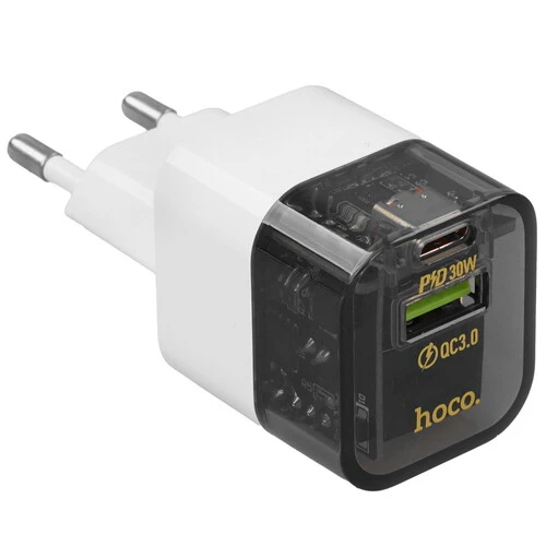 

Сетевое зарядное устройство Hoco Transparent C131a 30 Вт, USB, EU, USB type-C, Quick Charge, PD, черный/белый (6942007609821), C131a