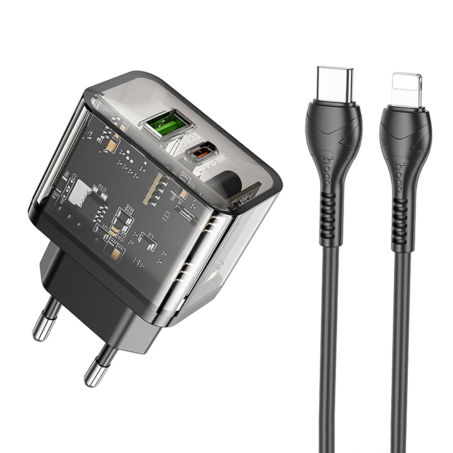 

Сетевое зарядное устройство Hoco Dazzling N34 20 Вт, USB, EU, USB type-C, Quick Charge, PD, черный (6931474799173), кабель Lightning/Type-C, N34