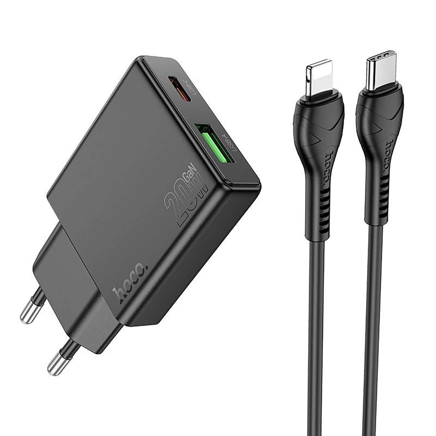 

Сетевое зарядное устройство Hoco Delgado N38 20 Вт, USB, EU, USB type-C, Quick Charge, PD, черный (6942007610117), кабель Lightning/Type-C, N38