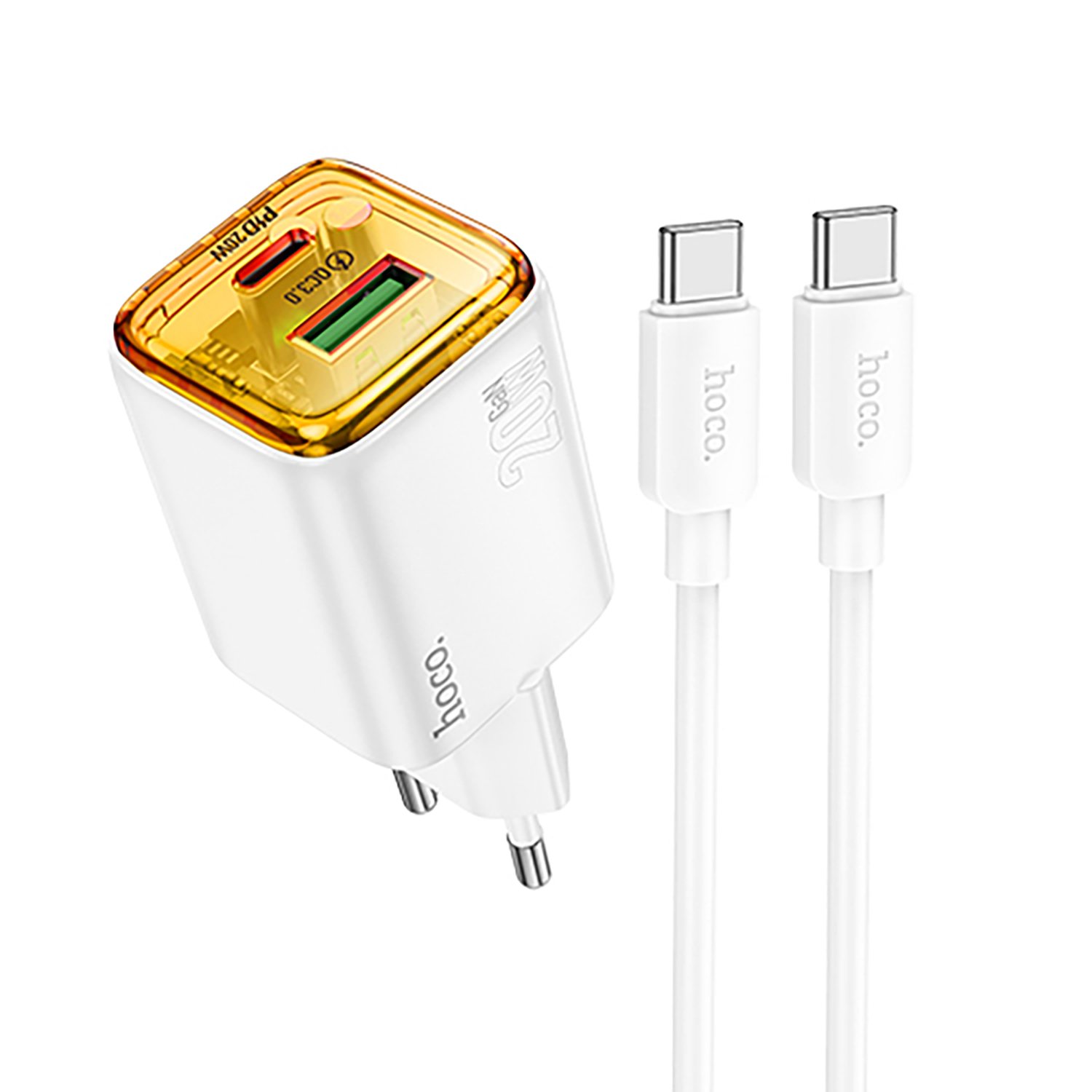 

Сетевое зарядное устройство Hoco N52 20 Вт, USB, EU, USB type-C, Quick Charge, PD, белый (6942007630412), кабель type-C/type-C, N52