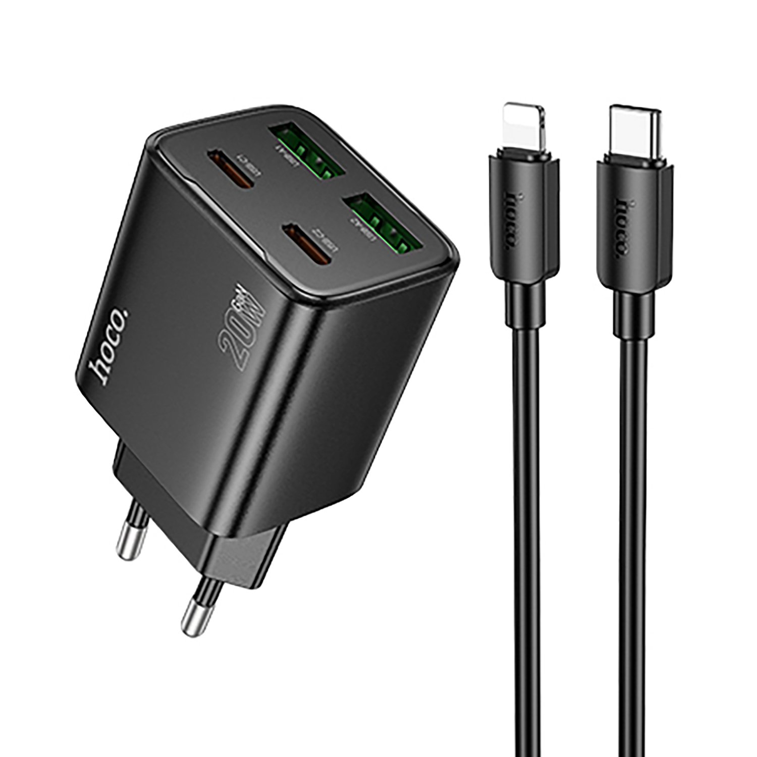 

Сетевое зарядное устройство Hoco N55 20 Вт, 2xUSB, EU, 2xUSB type-C, Quick Charge, PD, черный (6942007632454), кабель Lightning/Type-C, N55