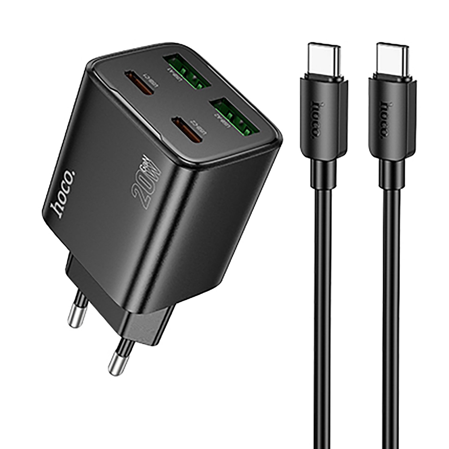 

Сетевое зарядное устройство Hoco N55 20 Вт, 2xUSB, EU, 2xUSB type-C, Quick Charge, PD, черный (6942007632478), кабель type-C/type-C, N55