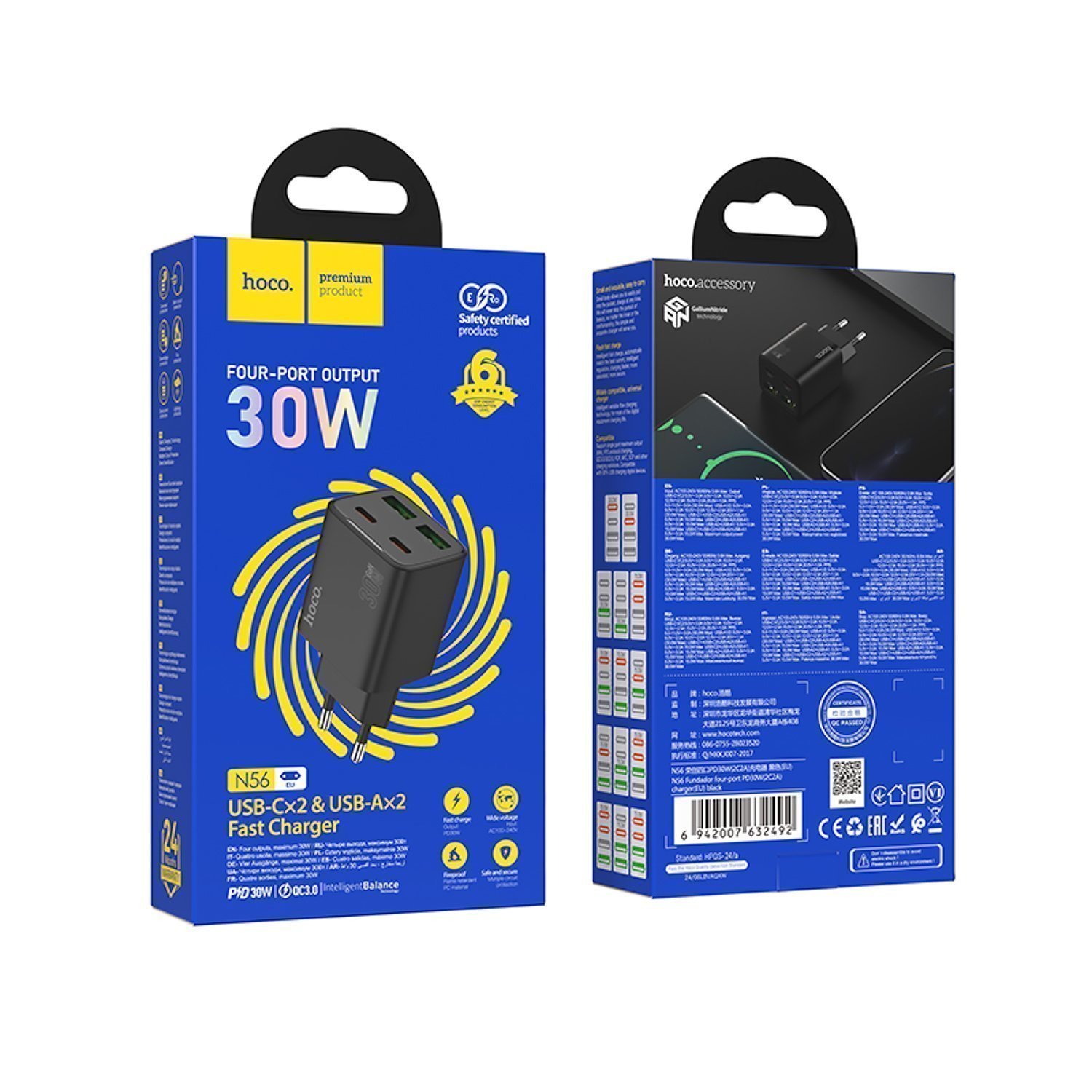 

Сетевое зарядное устройство Hoco N56 30 Вт, 2xUSB, EU, 2xUSB type-C, Quick Charge, PD, черный (6942007632492), N56
