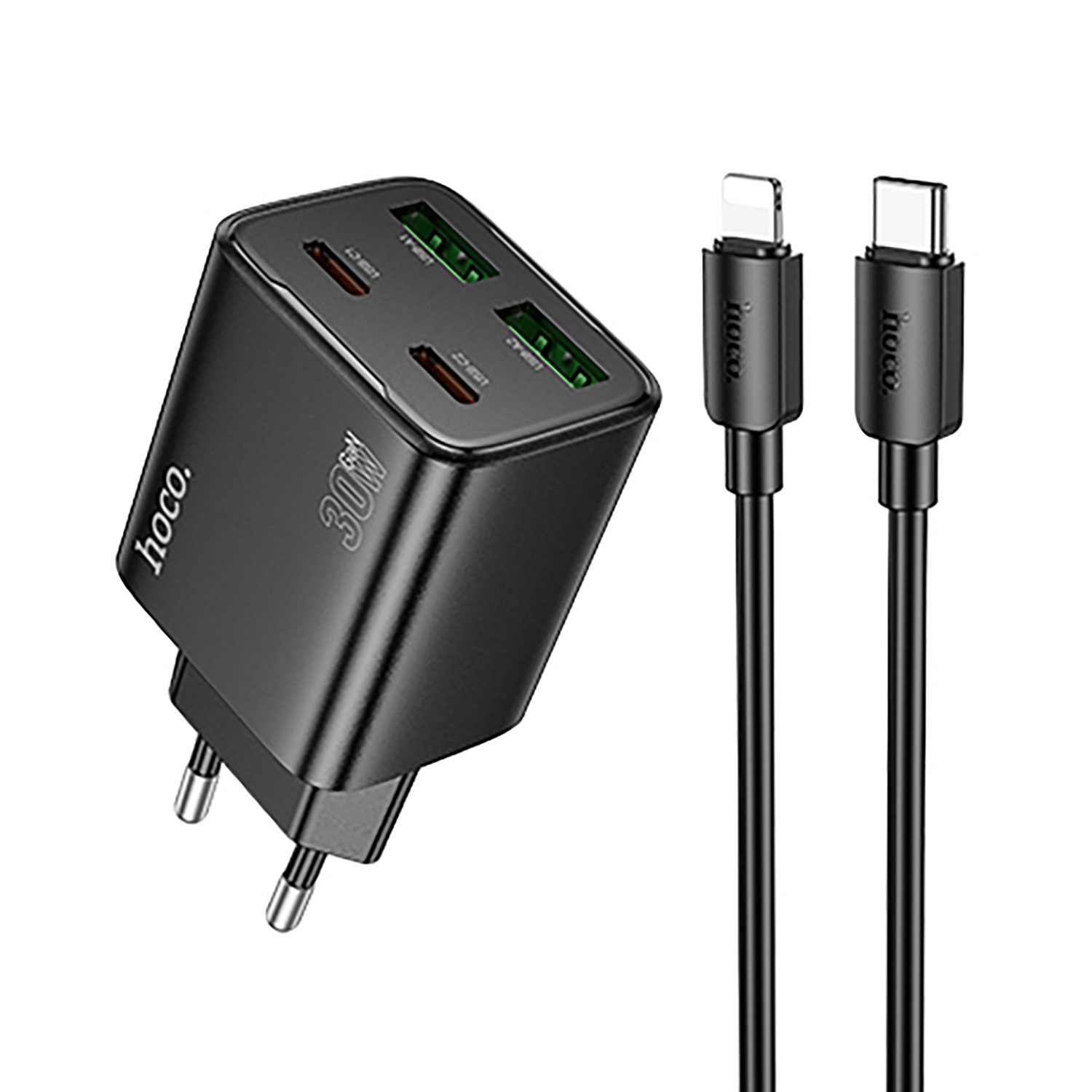 

Сетевое зарядное устройство Hoco N56 30 Вт, 2xUSB, EU, 2xUSB type-C, Quick Charge, PD, черный (6942007632515), кабель Lightning/Type-C, N56