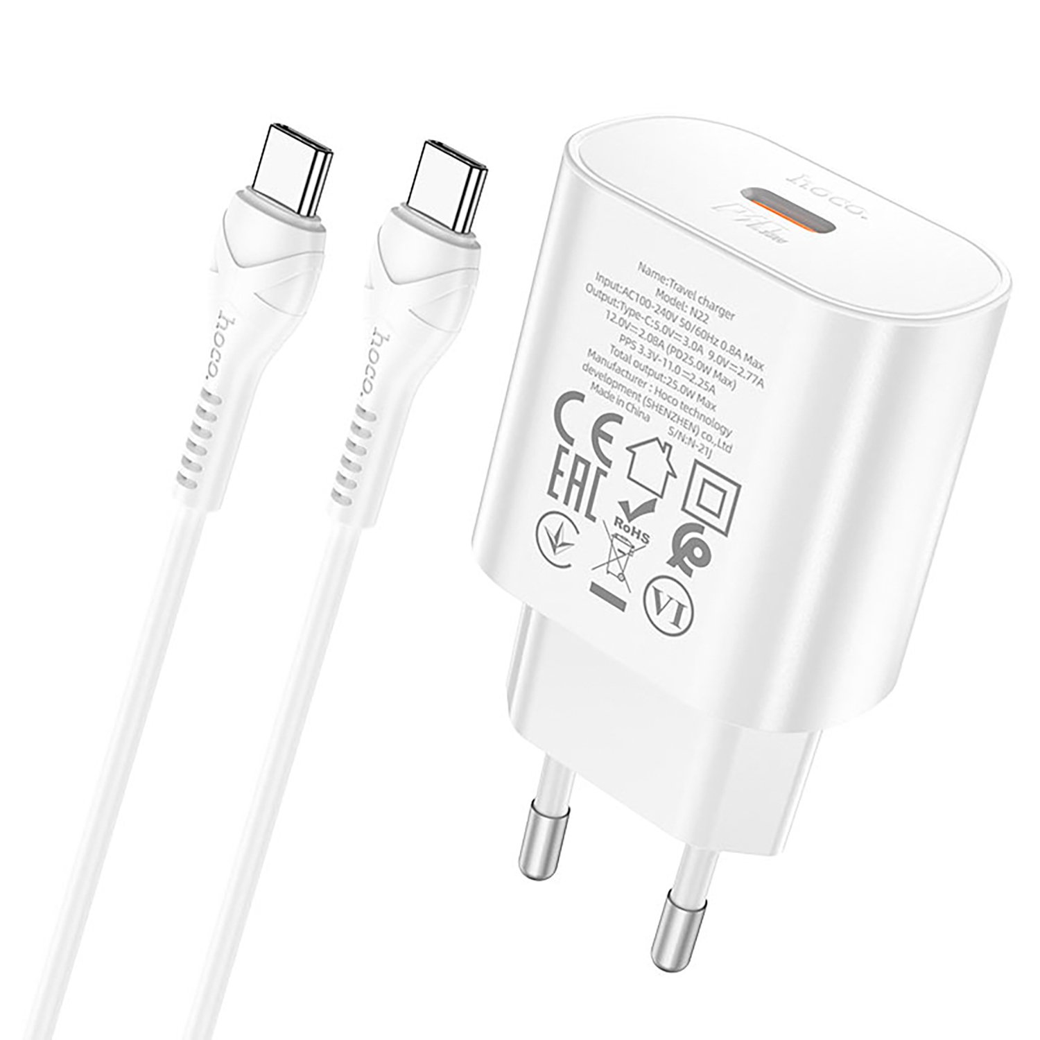 

Сетевое зарядное устройство Hoco N22 Jetta 25 Вт, USB type-C, Quick Charge, PD, 3А, белый (6931474760081), кабель type-C/type-C, N22 Jetta