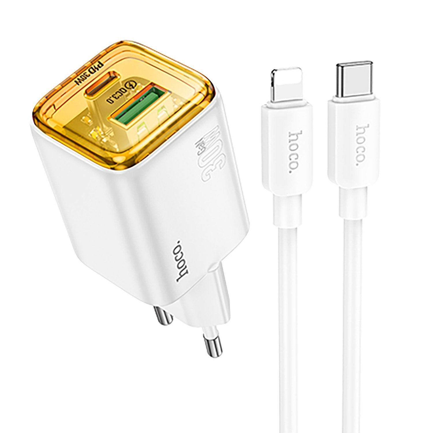 

Сетевое зарядное устройство Hoco N53 30 Вт, USB, EU, USB type-C, Quick Charge, PD, белый (6942007630450), кабель Lightning/Type-C, N53