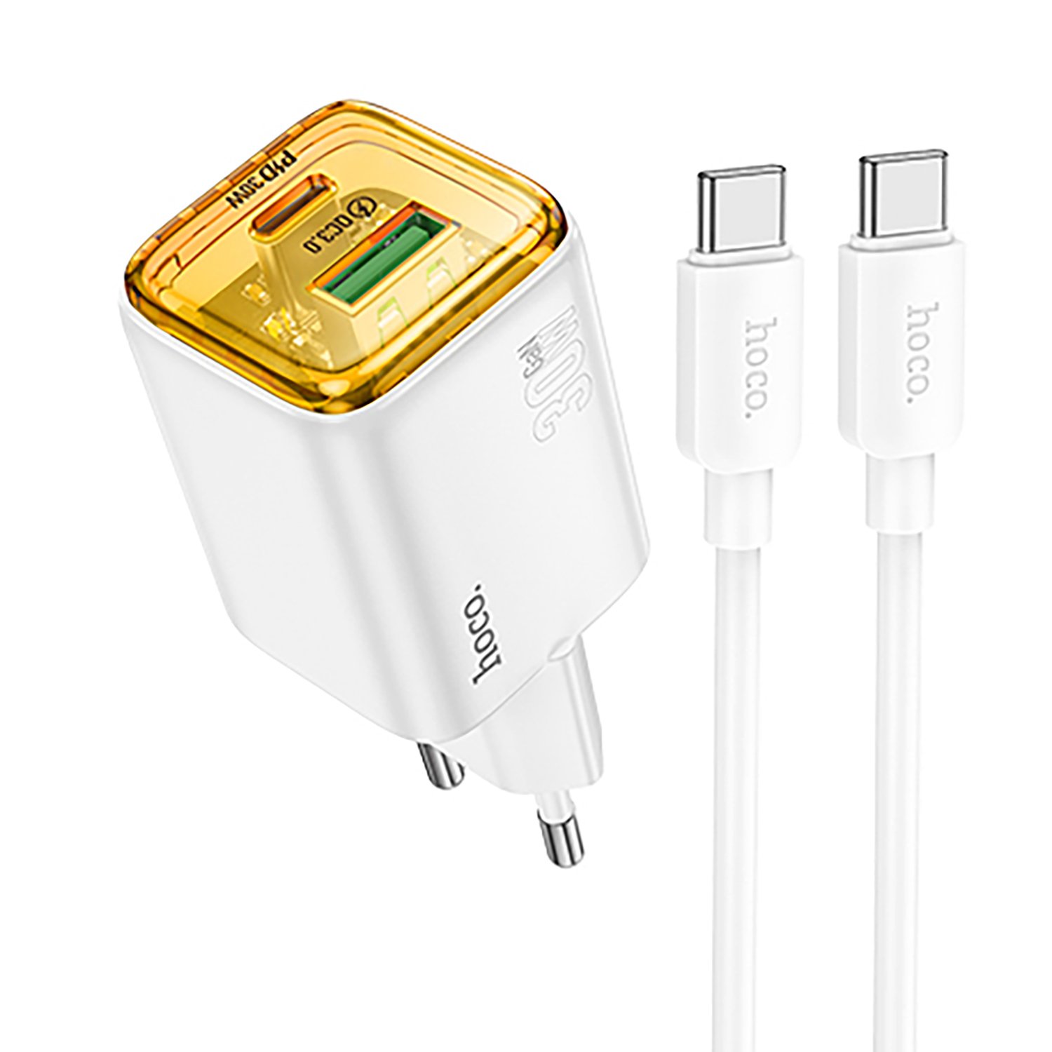 

Сетевое зарядное устройство Hoco N53 30 Вт, USB, EU, USB type-C, Quick Charge, PD, белый (6942007630474), кабель type-C/type-C, N53