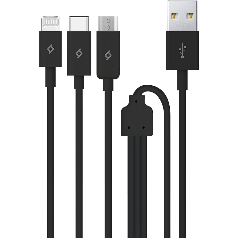 

Кабель USB-Lightning 8-pin+Micro USB+USB Type-C, 1.2 м, черный, TTEC Trio (2DK7521S)