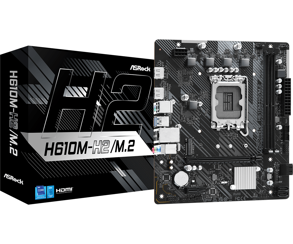 

Материнская плата ASRock H610M-H2/M.2, Socket1700, Intel H610, 2xDDR4, PCI-Ex16, 4SATA3, 7.1-ch, GLAN, 4 USB 3.2, HDMI, mATX, Retail, H610M-H2/M.2