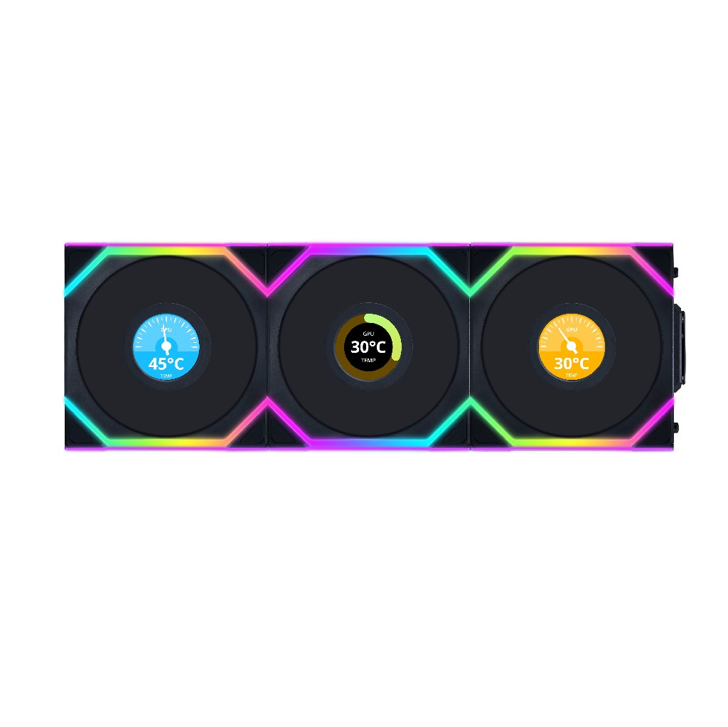 

Комплект вентиляторов Lian Li UNI Fan SL WIRELESS LCD 120, 120x124 мм, 1900rpm, 29.5 дБ, 4-pin PWM, 3шт, черный, ARGB подсветка (G99.12SLLCD1W3B.R0), SL WIRELESS LCD 120