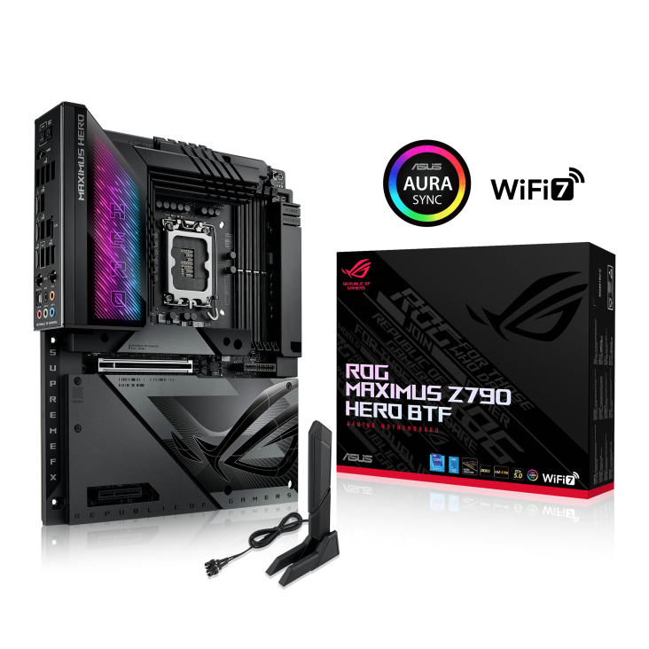 

Материнская плата ASUS ROG MAXIMUS Z790 HERO BTF, Socket1700, Intel Z790, 4xDDR5 DIMM, 3PCI-Ex16, 6SATA3, 7.1-ch, 2.5GLAN, 13 USB 3.2, 1 USB Type-C, HDMI, ATX, Retail, ROG MAXIMUS Z790 HERO BTF