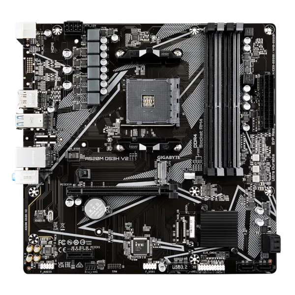 

Материнская плата GIGABYTE A520M DS3H V2, SocketAM4, AMD A520, 4xDDR4, PCI-Ex16, 4SATA3, 7.1-ch, GLAN, 2 USB 3.2, HDMI, DP, mATX, Bulk, A520M DS3H V2