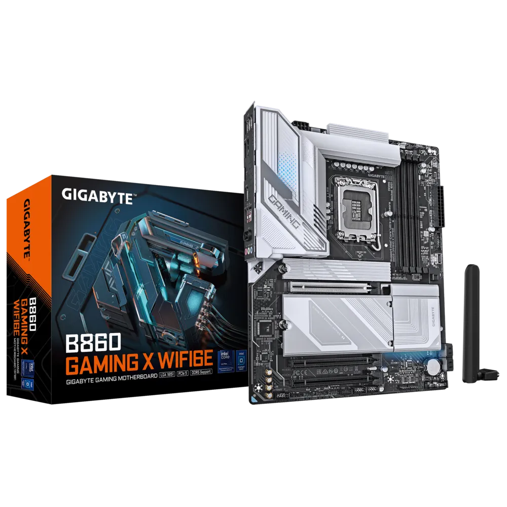 

Материнская плата GIGABYTE B860 GAMING X WIFI6E, LGA1851, Intel B860, 4xDDR5 DIMM, 3PCI-Ex16, 4SATA3, 7.1-ch, 2.5GLAN, 5 USB 3.2, 1 USB Type-C, HDMI, DP, Type-C DP, ATX, Retail, B860 GAMING X WIFI6E