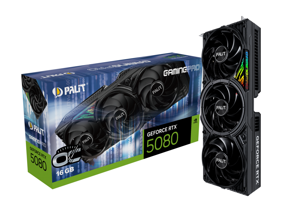 

Видеокарта Palit NVIDIA GeForce RTX 5080 GAMINGPRO OC, 16Gb GDDR7, 256 бит, PCI-E, HDMI, 3DP, Retail (NE75080S19T2-GB2031A), GAMINGPRO OC