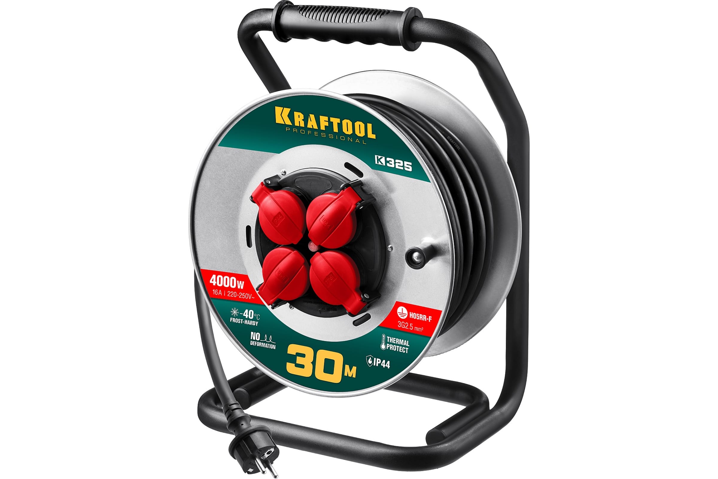 Удлинитель на катушке KRAFTOOL K-325, 4-розетки, 30м, черный/серебристый (55086-30) б/у, плохая упаковка
