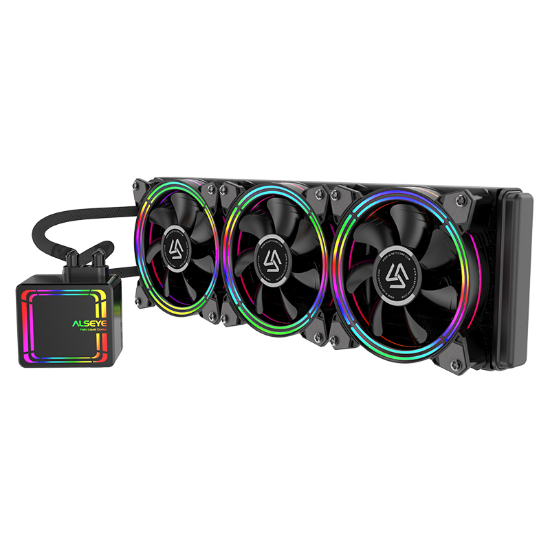 Жидкостное охлаждение Alseye H360 для Socket 115x/2066/2011/2011-3/1356/1366/775/AM4/AM3/AM3+/FM1/AM2+, 210, 3x120мм, RGB LED б/у, следы монтажа, незначительные замятия на радиаторе, полный комплект