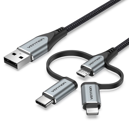 

Кабель USB-Lightning 8-pin+USB Type-C+Micro USB, экранированный, быстрая зарядка, 3А, 1 м, черный, Vention CQJH (CQJHF), CQJH