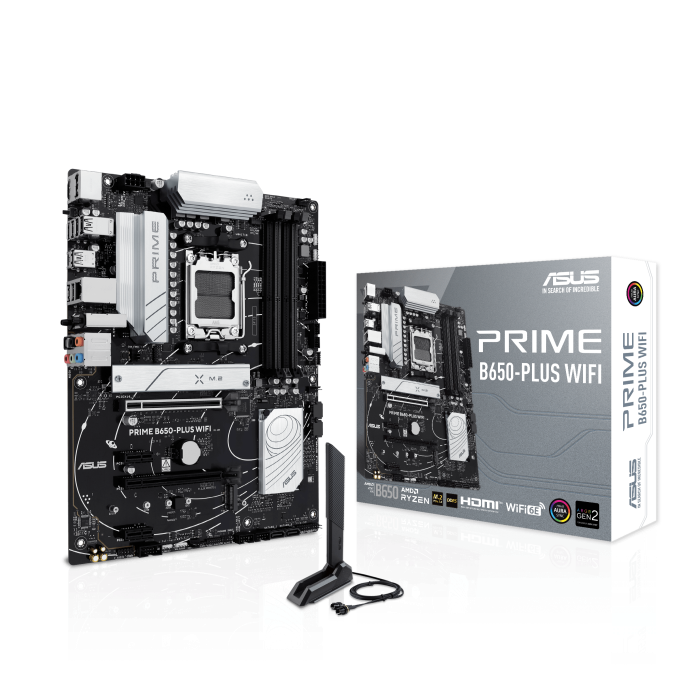 

Материнская плата ASUS PRIME B650-PLUS WIFI, AM5, AMD B650, 4xDDR5 DIMM, 2PCI-Ex16, 4SATA3, 7.1-ch, 2.5GLAN, 9 USB 3.2, 2 USB Type-C, HDMI, DP, ATX, Retail, PRIME B650-PLUS WIFI