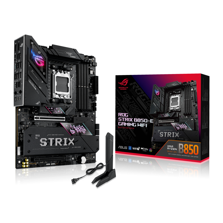 

Материнская плата ASUS ROG STRIX B850-E GAMING WIFI, AM5, AMD B850, 4xDDR5 DIMM, 2PCI-Ex16, 4SATA3, 7.1-ch, 5GLAN, 8 USB 3.2, 3 USB Type-C, HDMI, DP, ATX, Retail, ROG STRIX B850-E GAMING WIFI