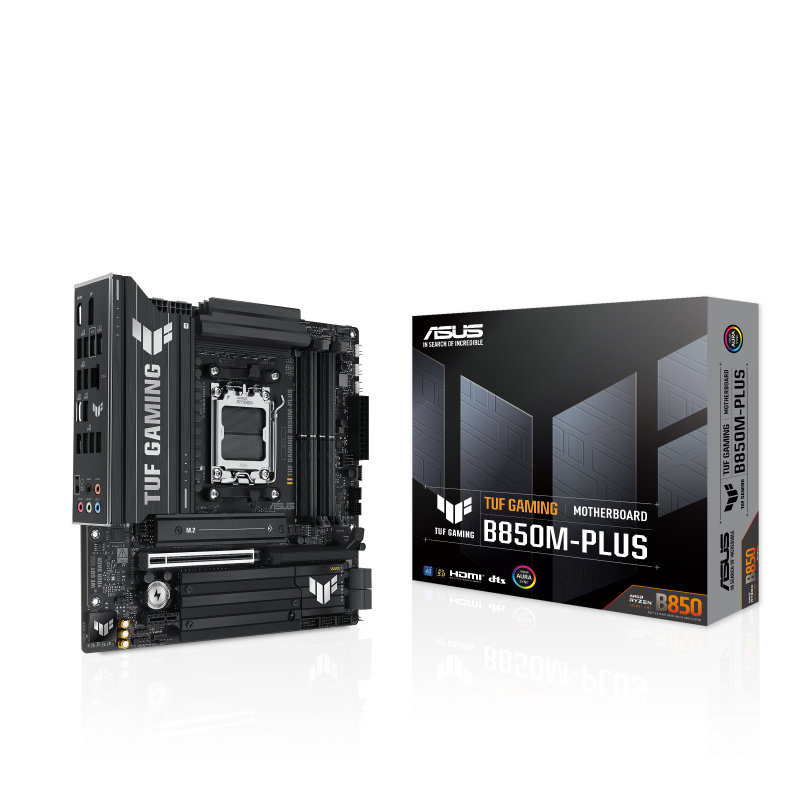 

Материнская плата ASUS TUF GAMING B850M-PLUS, AM5, AMD B850, 4xDDR5 DIMM, PCI-Ex16, 4SATA3, 7.1-ch, 2.5GLAN, 9 USB 3.2, 2 USB Type-C, HDMI, DP, mATX, Retail, TUF GAMING B850M-PLUS