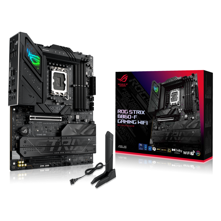 

Материнская плата ASUS ROG STRIX B860-F GAMING WIFI, LGA1851, Intel B860, 4xDDR5 DIMM, 2PCI-Ex16, 4SATA3, 7.1-ch, 2.5GLAN, 9 USB 3.2, 2 USB Type-C, HDMI, DP, ATX, Retail, ROG STRIX B860-F GAMING WIFI