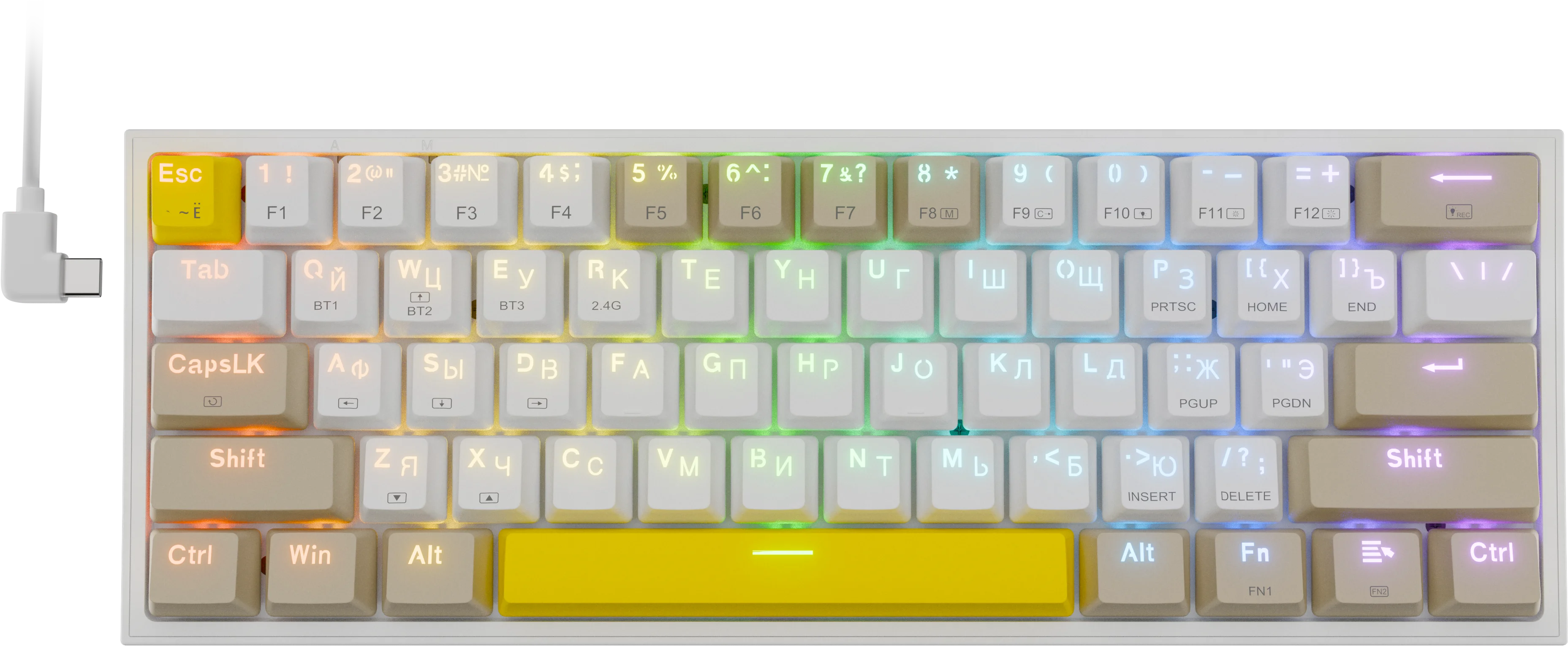 Клавиатура Redragon Fizz Pro, Bluetooth/Радиоканал/USB, белый/желтый/бежевый (72598)