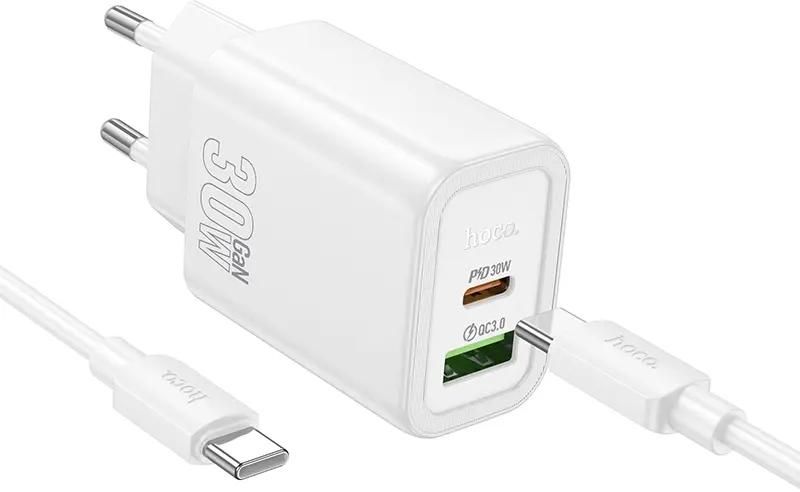 

Сетевое зарядное устройство Hoco Gentle N63 30 Вт, USB, EU, USB type-C, PD, белый (44402), кабель type-C/type-C, N63