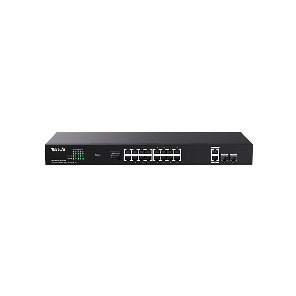 

Коммутатор Tenda TEG1120P-16-150W, кол-во портов: 16x1 Гбит/с, кол-во SFP/uplink: combo RJ-45/SFP 4x1 Гбит/с, PoE: 16x30 Вт (макс. 135 Вт) (TEG1120P-16-150W), TEG1120P-16-150W