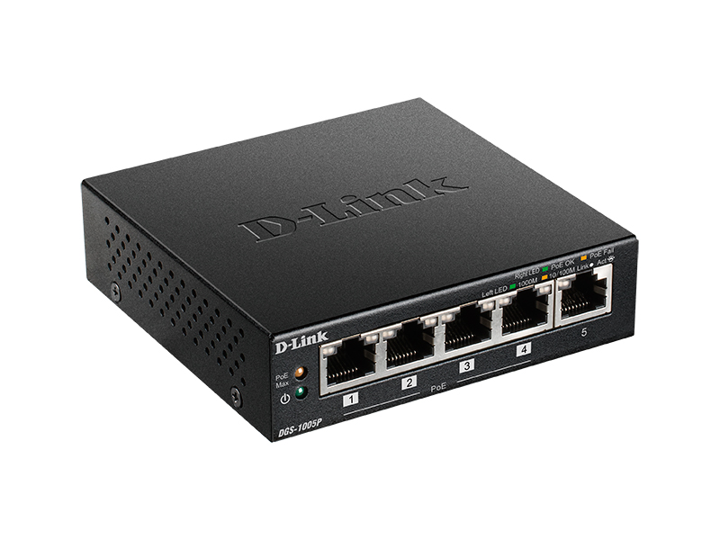 

Коммутатор D-Link DGS-1005P, кол-во портов: 5x1 Гбит/с, PoE: 4x30 Вт (макс. 60 Вт) (DGS-1005P/B3A), DGS-1005P