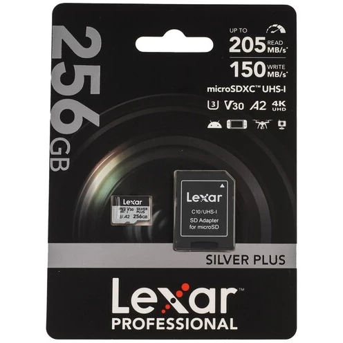 

Карта памяти 256Gb microSDXC Lexar Professional Silver Plus Class 10 UHS-I U3 V30 A2 + адаптер (LMSSIPL256G-BNANG)